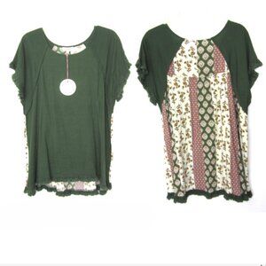 Umgee Boutique Linen Blend Size L Large Frayed Hem Tunic Top Green Floral